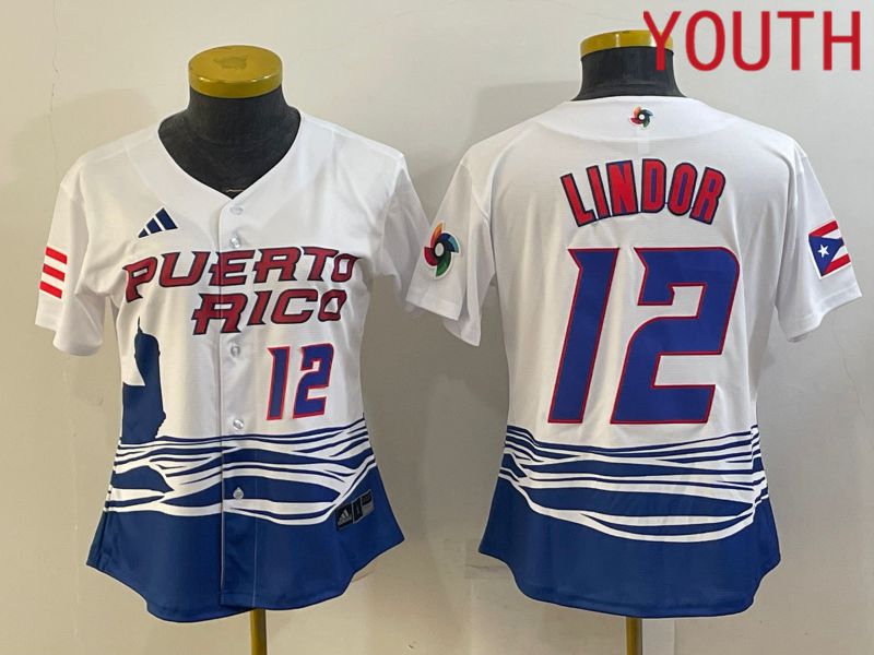 Youth 2023 World Cub Puerto Rico #12 Lindor White MLB Jersey6->youth mlb jersey->Youth Jersey